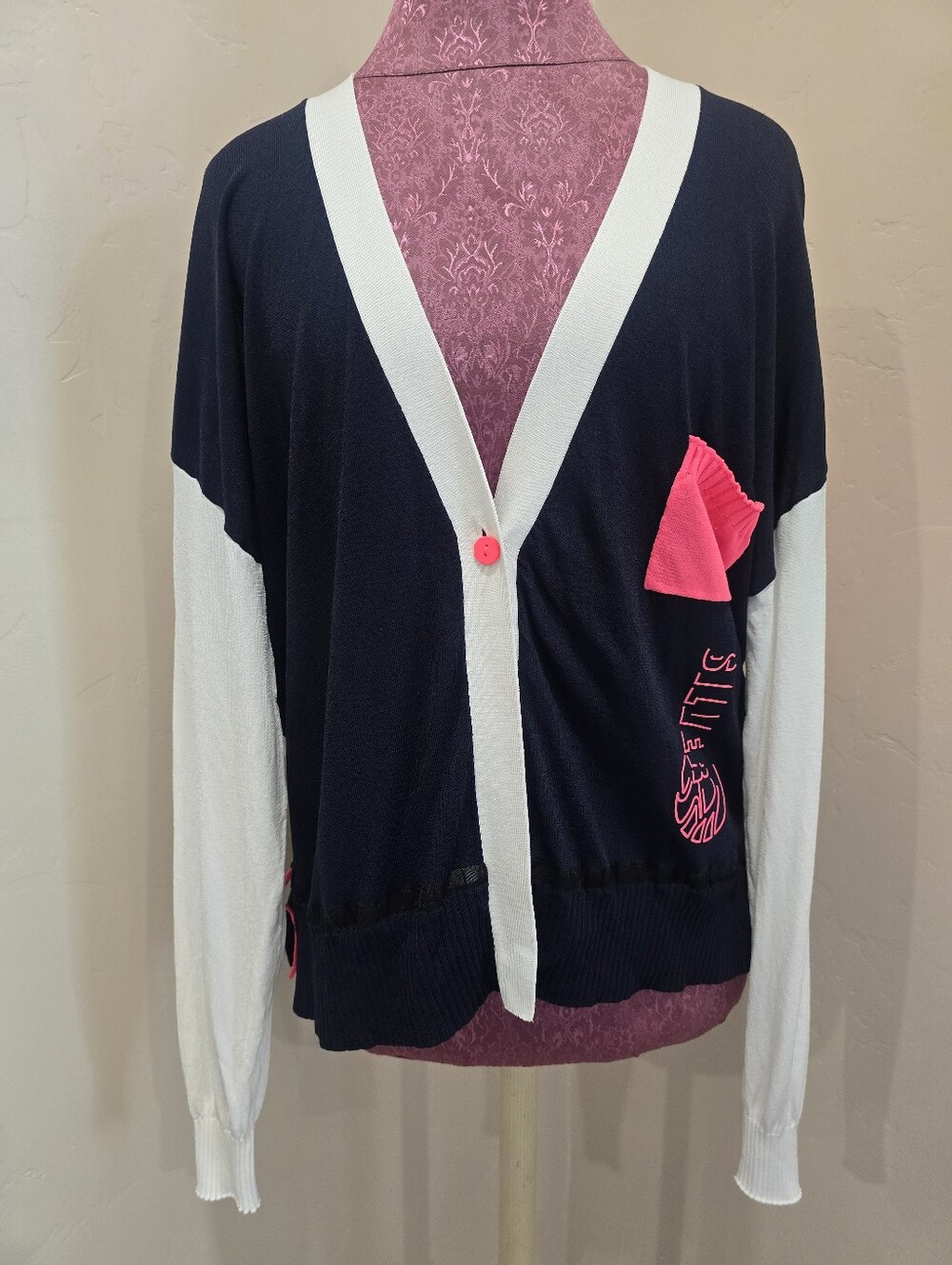 LEEDS SPORTALM Relaxed Cardigan Navy White Pink Colorblock US 10 Neon Preppy
